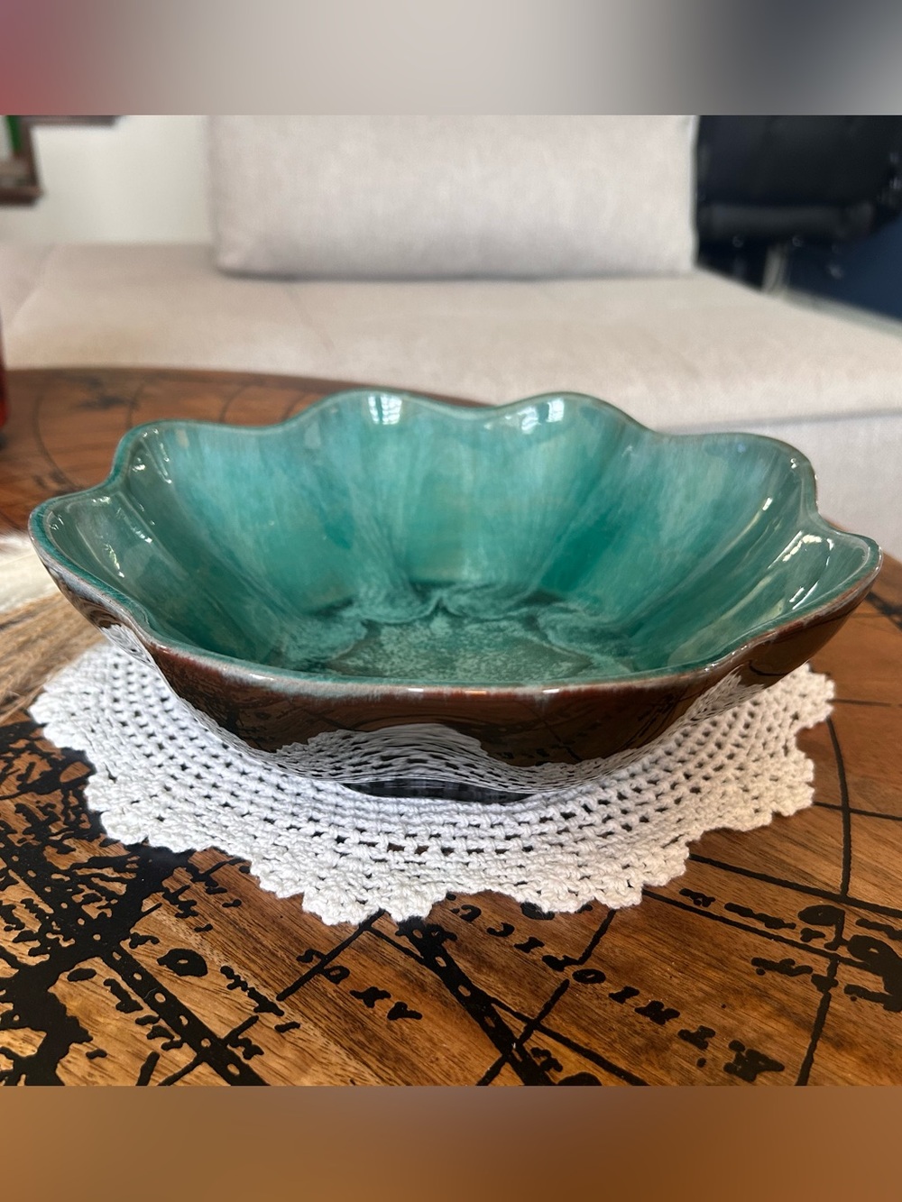 Vintage Blue Mountain Pottery Scalloped Serving Bowl | Turquoise Drip Glaze